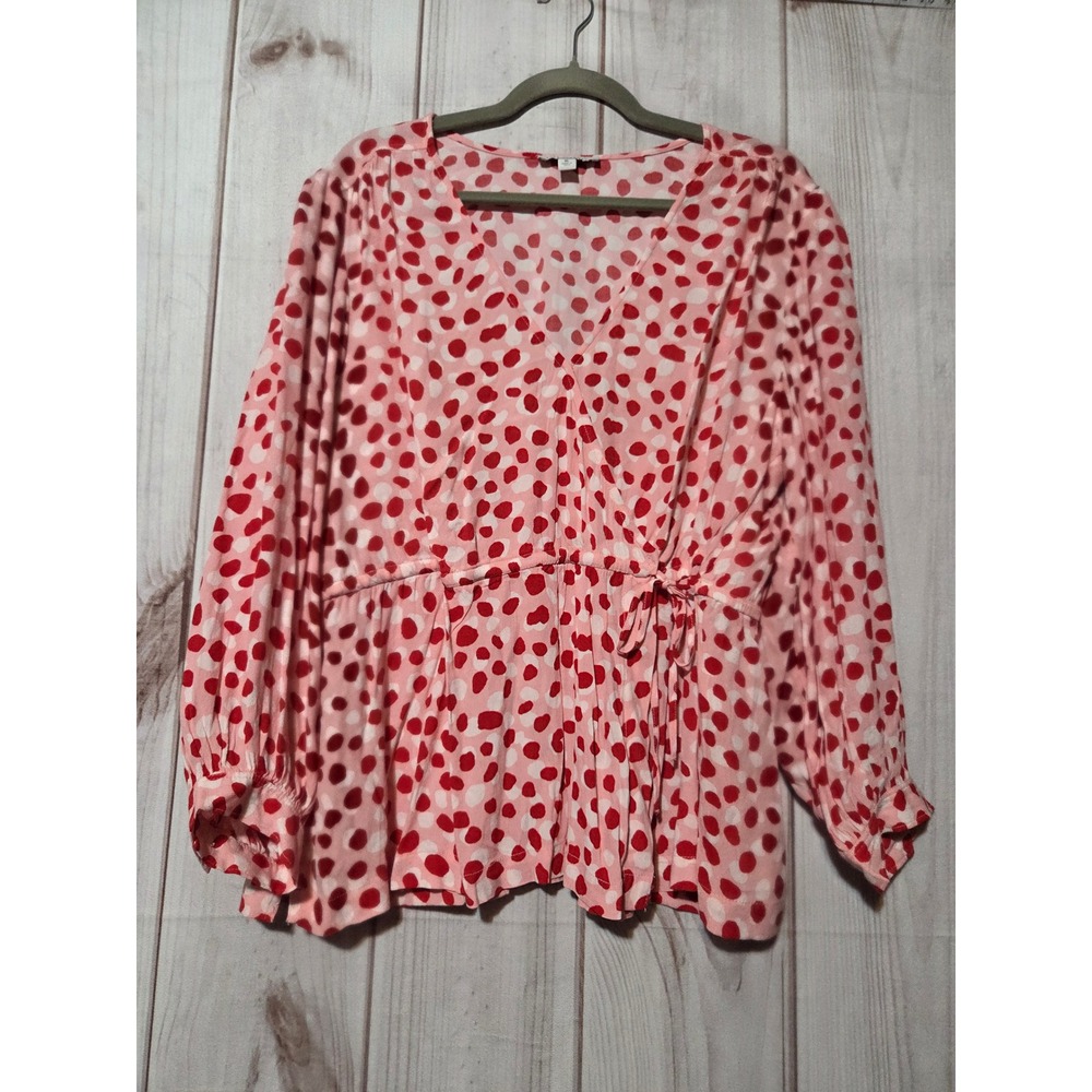 Free Assembly Womens XL Pink Red Abstract Dot Wrap Peplum Blouse Feminine